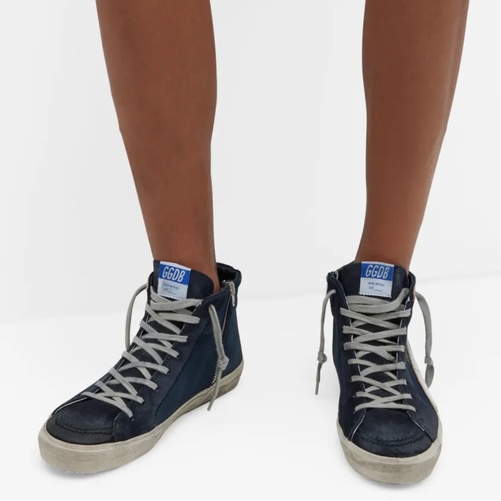 Like new Golden Goose Distressed Denim & Leather High-Top Sneakers
